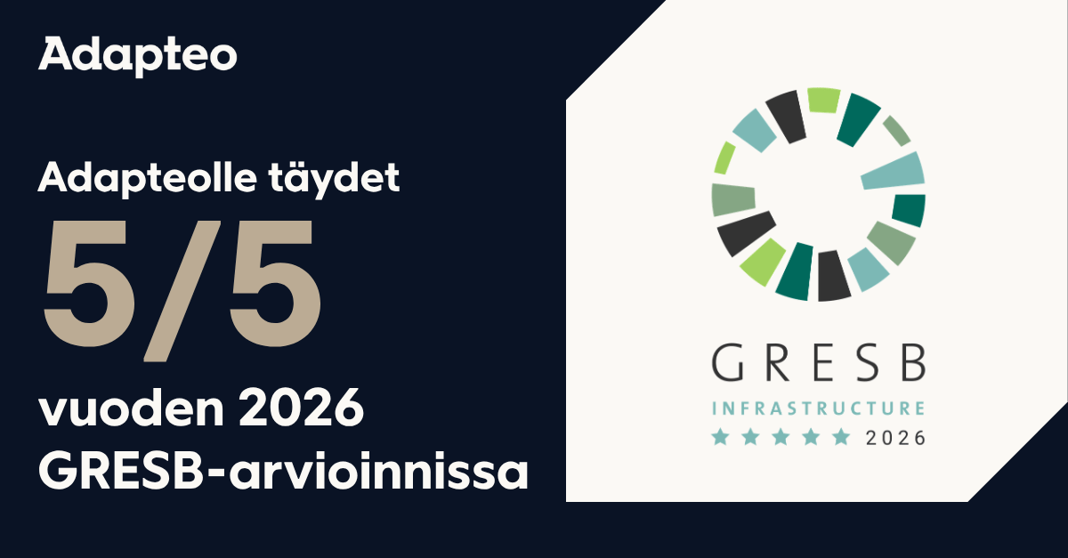GRESB-arvioinnin kuva, jossa kerrotaan, että Adapteo Group on saavuttanut täydet viisi tähteä arvinoinnissa. 