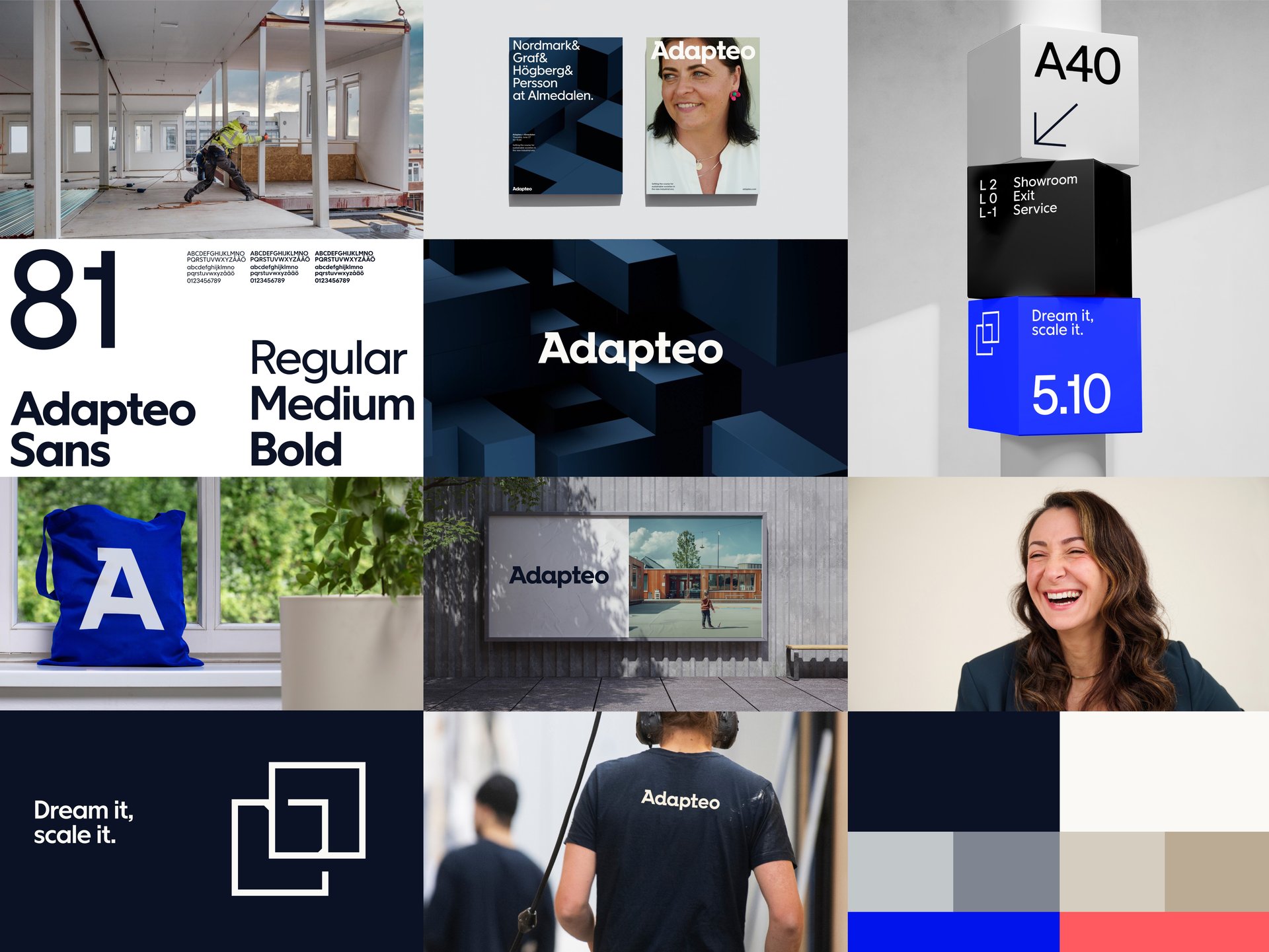 Adapteon uusi brändi-ilme esitelty visuaalisesti, typografialla ja modulaarisilla ratkaisuilla; sisältää rohkeita malleja ja keskittyy kestävyyteen ja sopeutumiseen.
